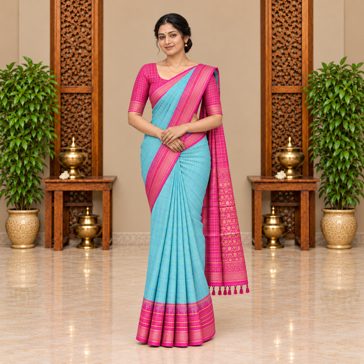 Full-length aqua blue Paramparaa Silk saree with rani pink border, compact front view