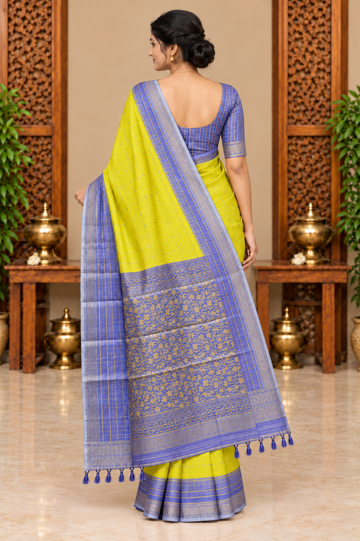 Back view of Paramparaa Silk saree with periwinkle floral pallu