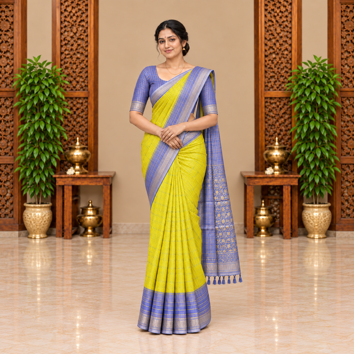 Full-length front view of chartreuse Paramparaa Silk saree with compact framing