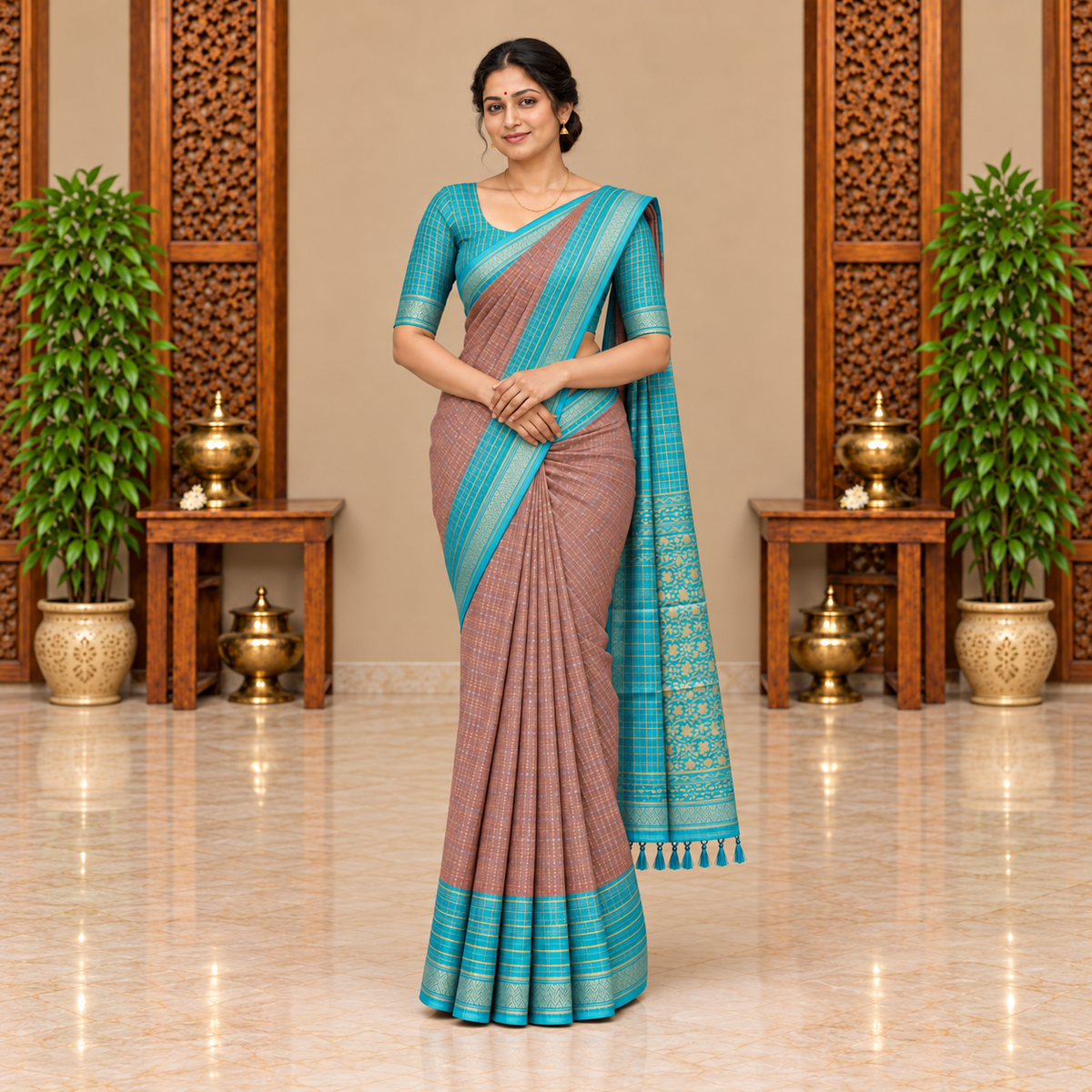 Full-length Rose Gold Paramparaa Silk saree with teal border, compact front view