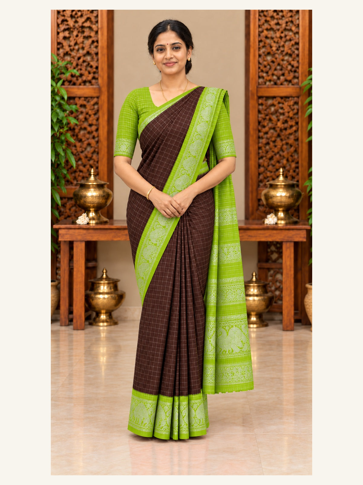 Sungudi Zari Cotton Saree Dark Brown with Lime Green Border - front view