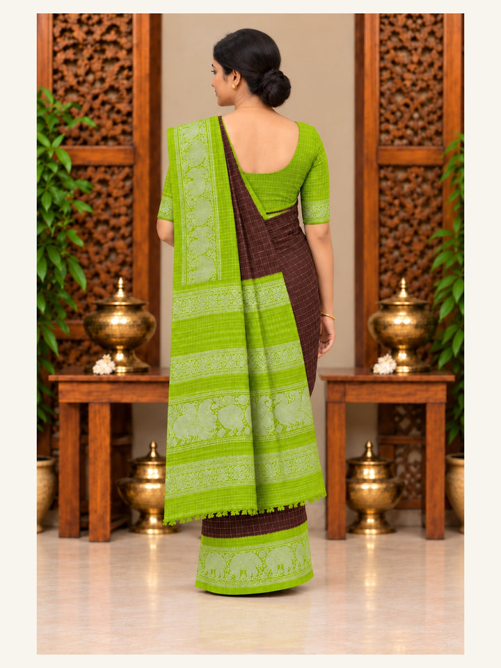 Sungudi Zari Cotton Saree Dark Brown with Lime Green Border - back view