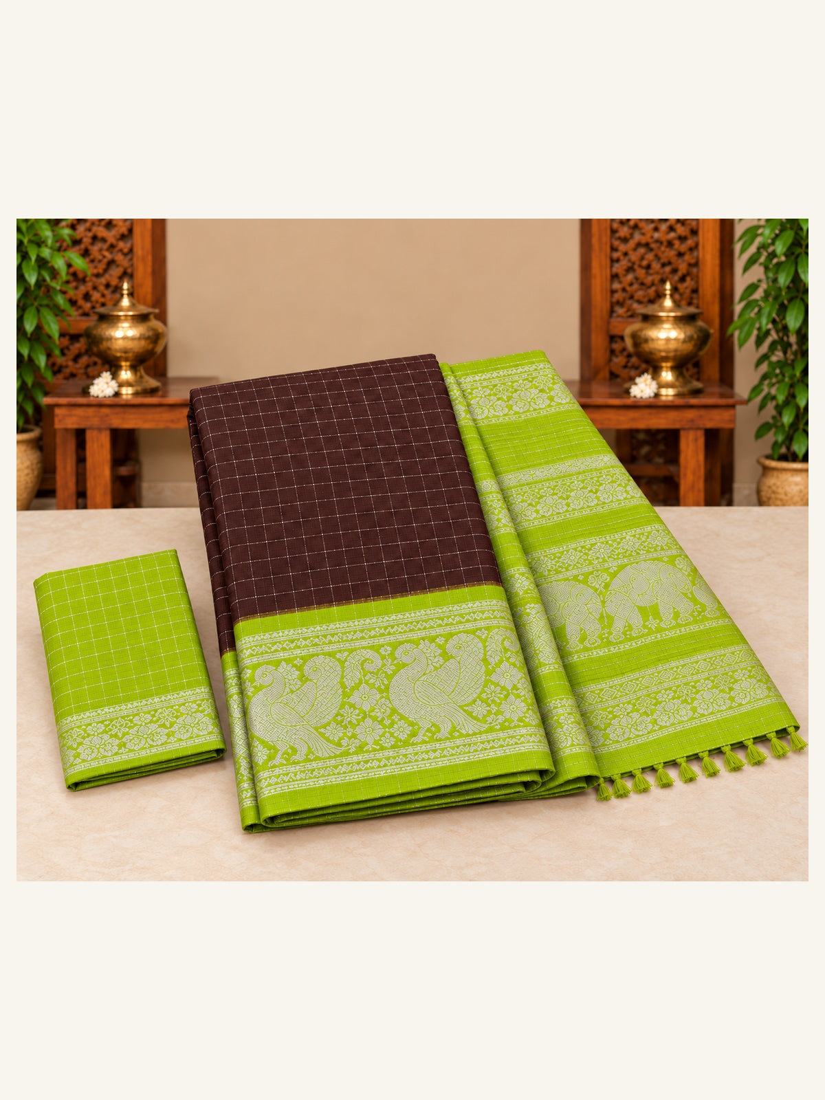 Sungudi Zari Cotton Saree Dark Brown with Lime Green Border - folded saree with contrast blouse piece