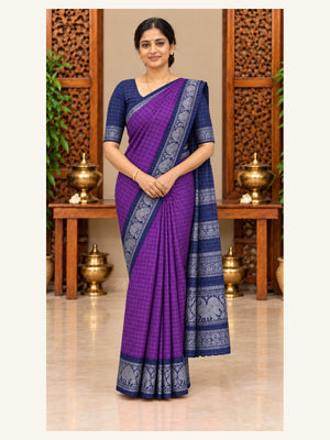 Sungudi Zari Cotton Saree Purple with Navy Blue Border - front view