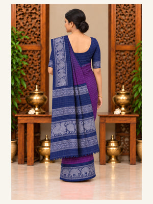Sungudi Zari Cotton Saree Purple with Navy Blue Border - back view