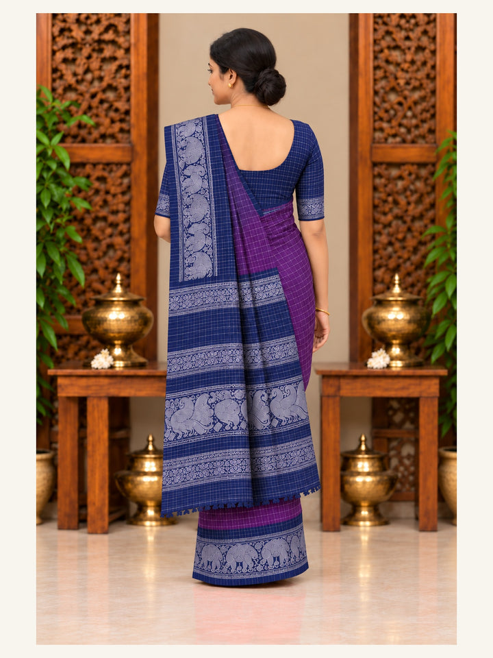 Sungudi Zari Cotton Saree Purple with Navy Blue Border - back view