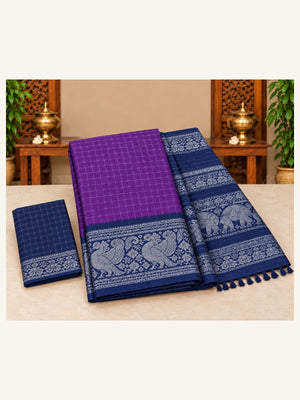 Sungudi Zari Cotton Saree Purple with Navy Blue Border - folded saree with contrast blouse piece