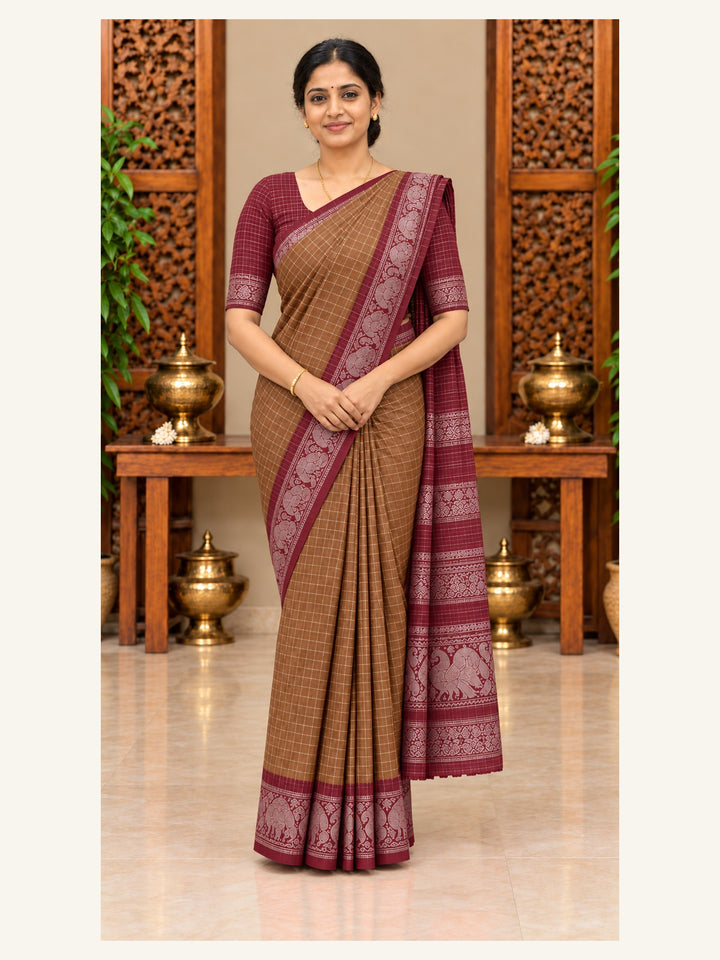 Sungudi Zari Cotton Saree Tan Brown with Maroon Border - front view