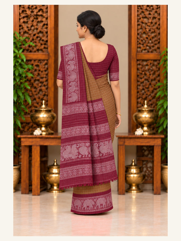 Sungudi Zari Cotton Saree Tan Brown with Maroon Border - back view