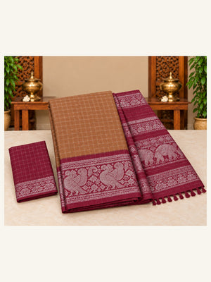 Sungudi Zari Cotton Saree Tan Brown with Maroon Border - folded saree with contrast blouse piece