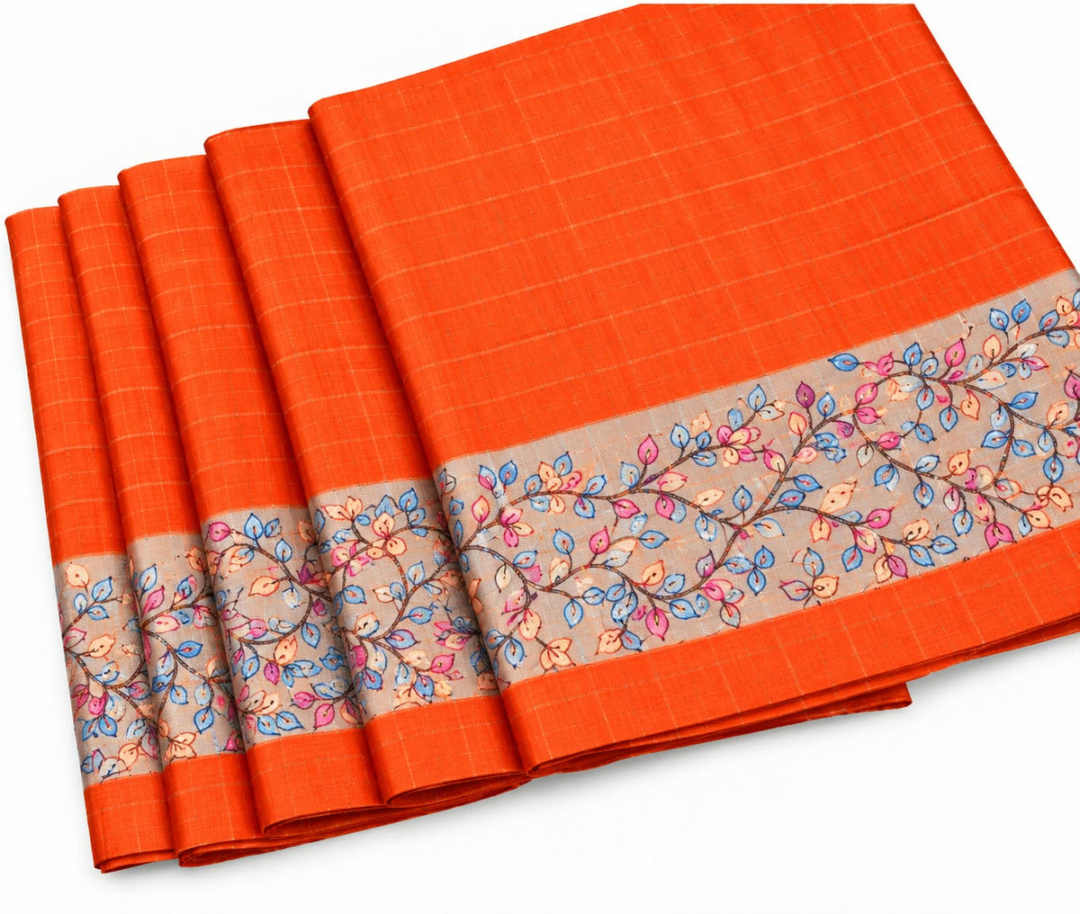 Kalamkari Tussar Silk Saree orange-folded