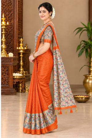 Kalamkari Tussar Silk Saree orange-side