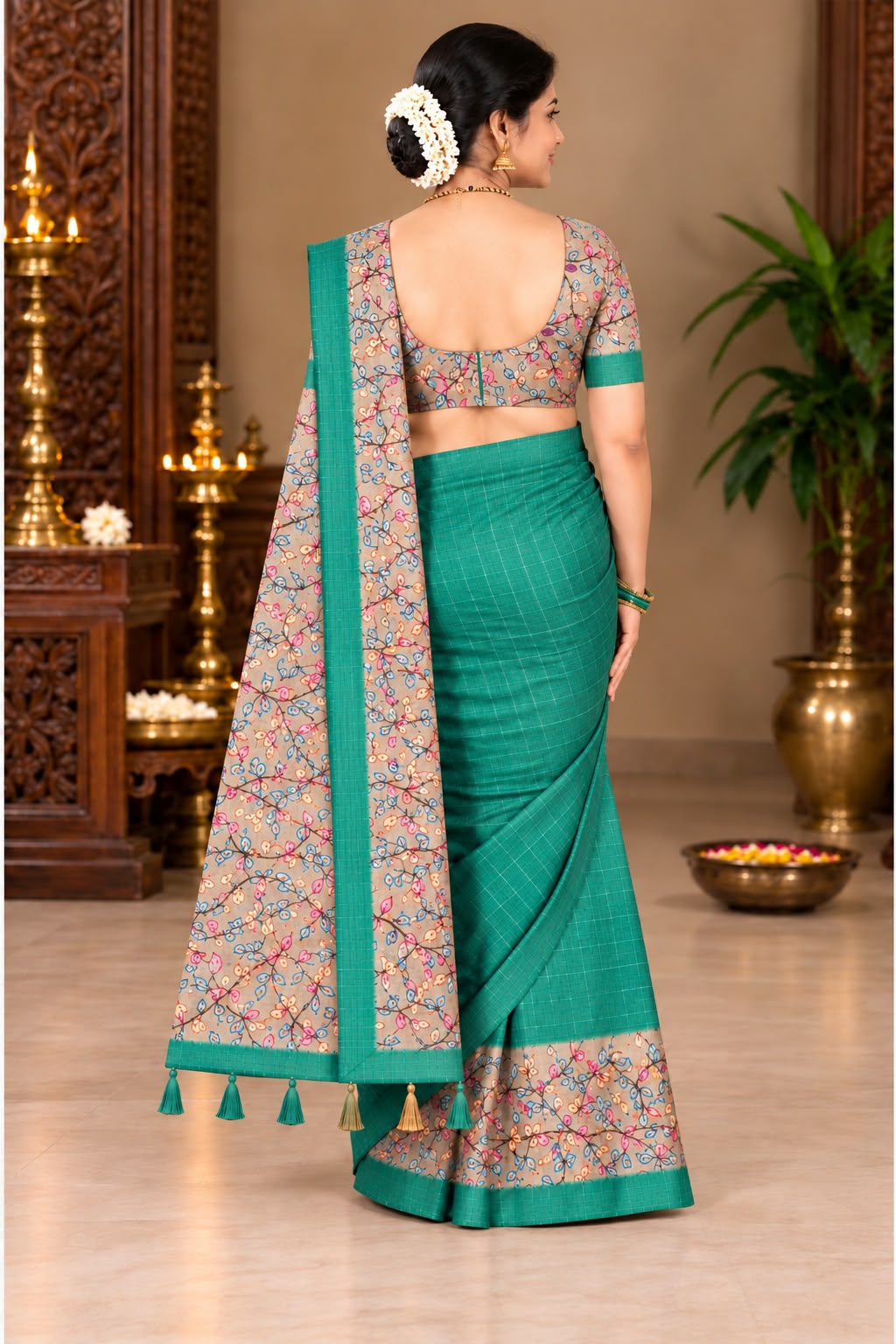 Kalamkari Tussar Silk Saree Teal Green back