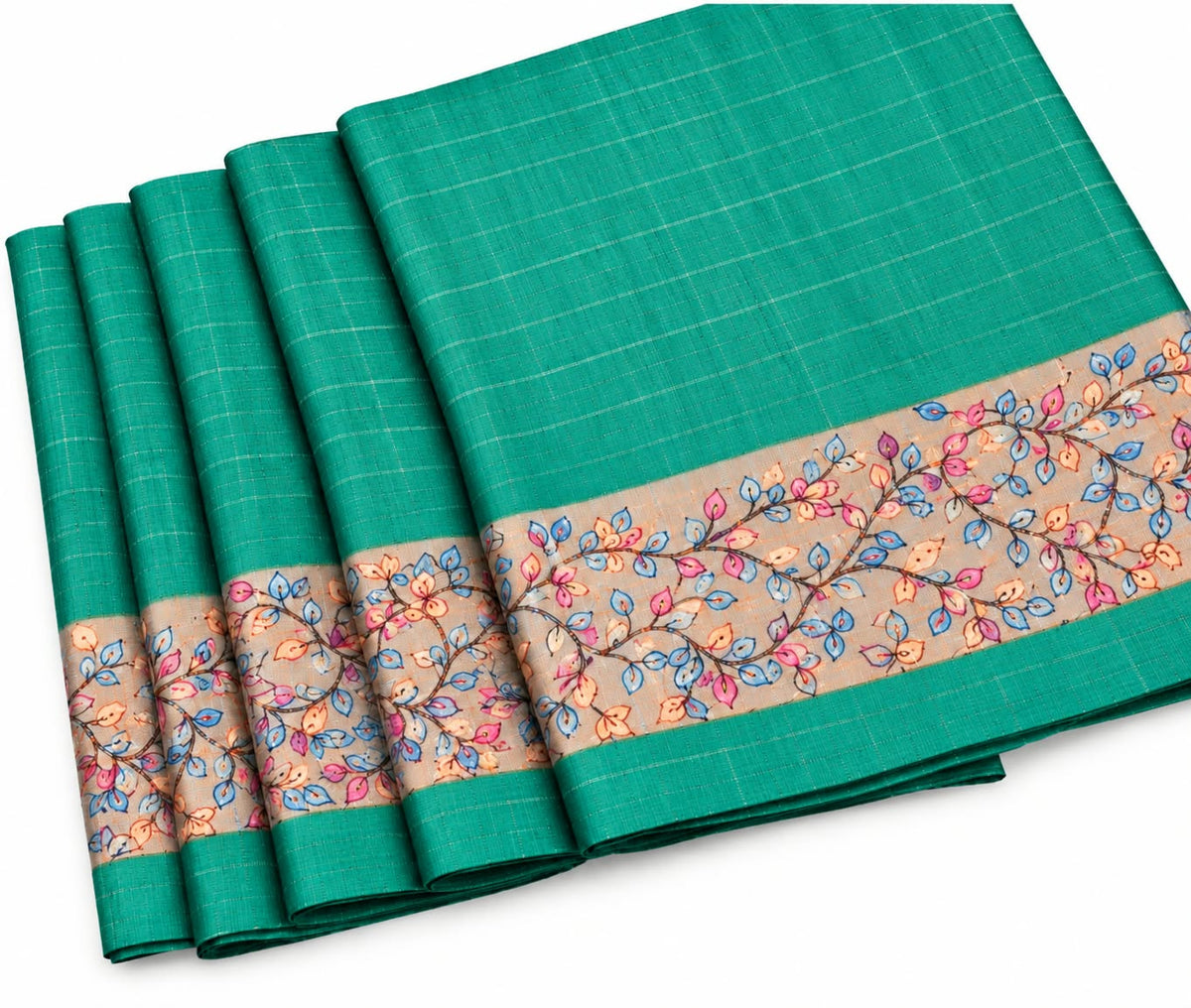 Kalamkari Tussar Silk Saree Teal Green folded