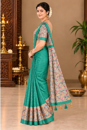 Kalamkari Tussar Silk Saree Teal Green side