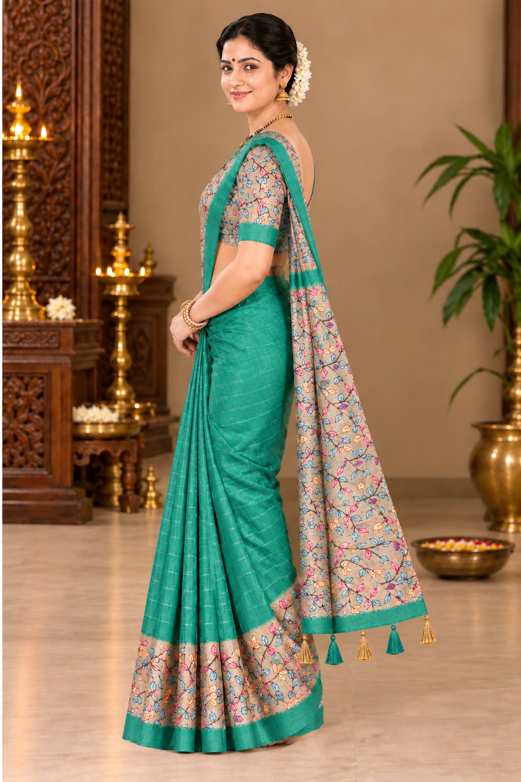 Kalamkari Tussar Silk Saree Teal Green side